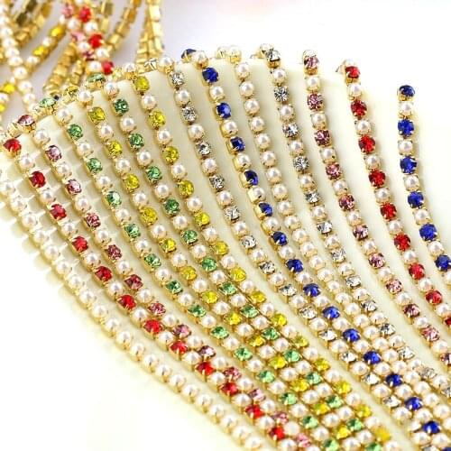1 yard Crystal Glass SS6 / 2mm Golden Base Rhinestone Cup Chain Close Chains стразы Pearl Rhinestone Chain sew on Garment B3729