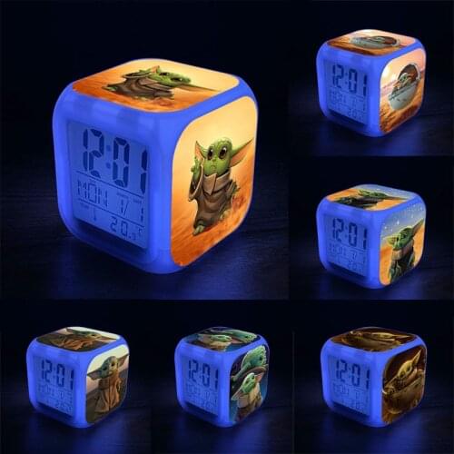 Alarm Clock Mandalorian Childrens LED Digital 7 Colors Change Clock Baby Yoda Night Light Alarm Clocks Large Screen Multifuncti