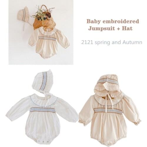 Baby Girls Lotus Leaf Lapel Princess Style Embroidery Decoration Long Sleeve Triangle Climbing Suit With Hat 2021 Spring Autumn