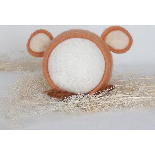 Newborn Bear wool Felt bonnet Handmade soft bear hat Newborn photography props