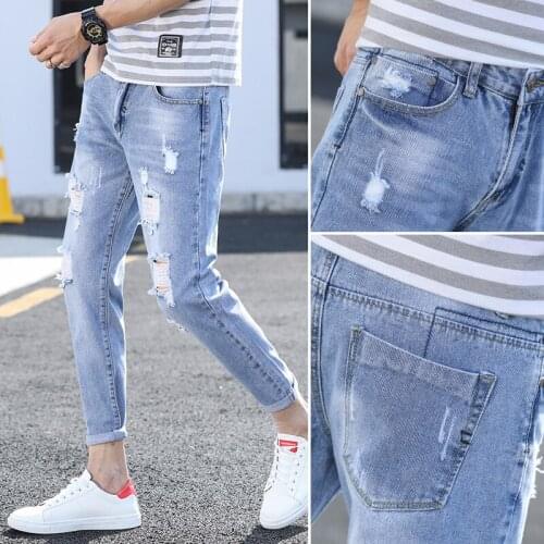 Denim Pants mens summer thin section Korean slim feet pants 2021 new trendy brand teenager ripped ankle pencil jeans