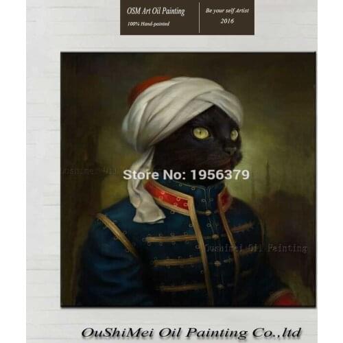Hot Sale African Indian Wears a White Headscarf Wearing a Blue Dress Black Cat Oil Painting on Canvas Decorative Wall Artwork