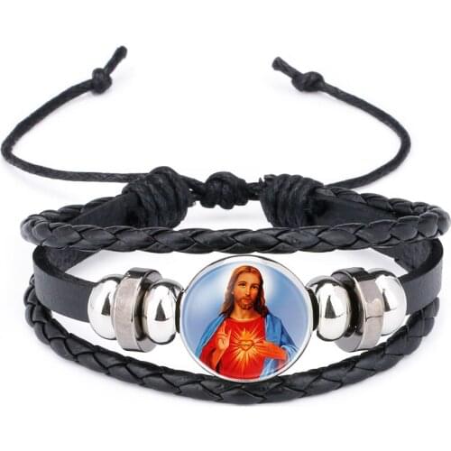 Christian Catholicism Religion Pilgrimage Jesus Our Lady Glass Leather Bracelets Men Women Multi Layer Punk Bracelet Bangles