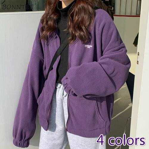 Hoodies Women Fleece Chic Letter Pocket Turn-down Collar Korean White Womens Zip-up Harajuku BF Daily Oversize Girls Streetwear