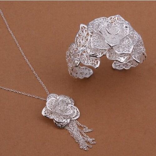 Hot Christmas gifts female charm exquisite hollow large flower pendant necklace bracelet fashion Silver color jewelry Set S447