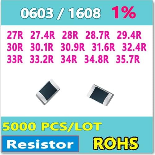 JASNPROSMA OHM 0603 F 1% 5000pcs 27R 27.4R 28R 28.7R 29.4R 30R 30.1R 30.9R 31.6R 32.4R 33R 33.2R 34R 34.8R 35.7R smd 1608
