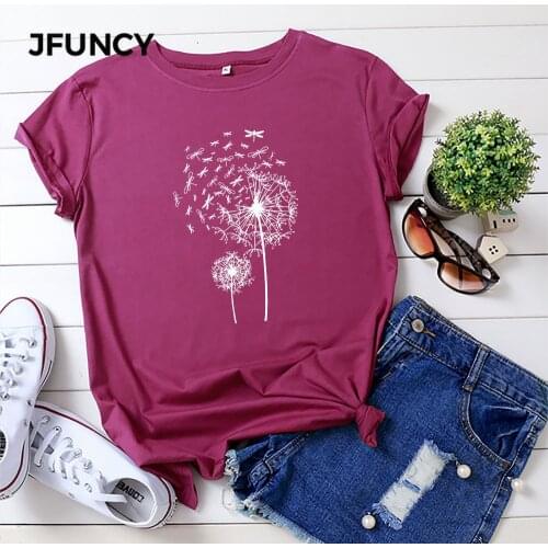 JFUNCY Summer Women T-shirt Dandelion Print Woman Cotton Tshirt Harajuku Female Shirts Casual Loose Tops Clothes Mujer Tees