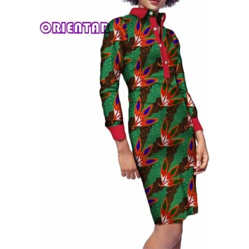 Fashion African Print Dress Women Bazin Riche Long Sleeve Knee-length Dress Dashiki Shirt Cotton Women African Clothing WY3635