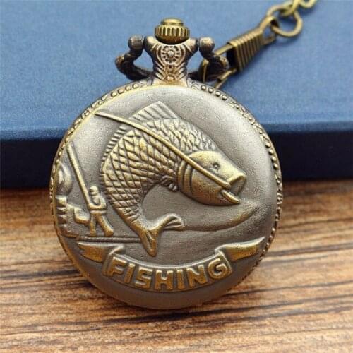 New arrived Bronze Fishing Angling Quartz Antique Pocket Watch for Men and Women Necklace Fob Chain Gifts Analog Gifts clock2019