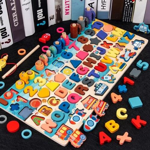 Montessori Educational Wooden Toys For Kids Board Math Fishing Count Numbers Digital Shape Match Early Education Child Gift Toy