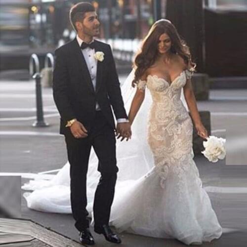 Wholesale Gorgeous Mermaid Lace Bridal Wedding Dresses Off Shoulder Sleeves Sweetheart Appliqued Wedding Gowns for Bride 2021