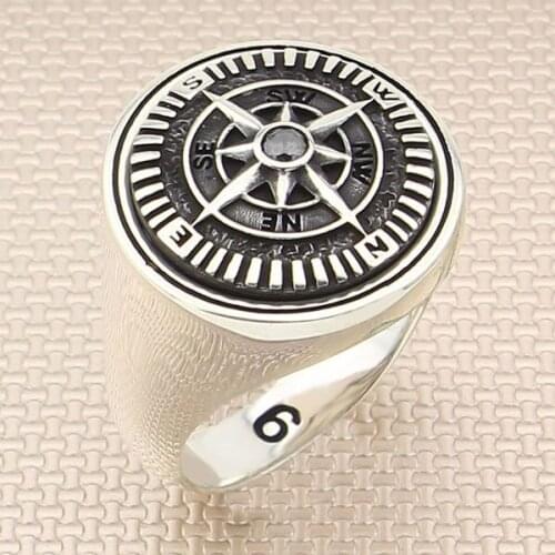 Sterling Silver Oval Compass Ring with Nort Star Figure For Men Made in Turkey