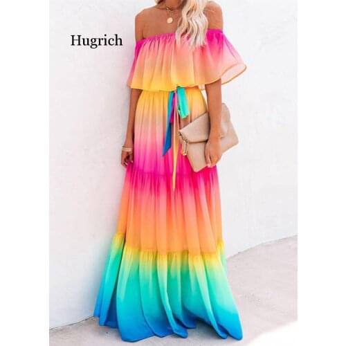 Off Shoulder Gradient Ombre Color Belt Ruffles Maxi Dress