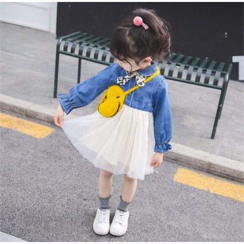 Princess Infant Toddler Baby Girl Clothing Dress Soft Denim Shirt Mini Net Yarn Skirt Autumn Spring Long-sleeve Coat Mesh Dress