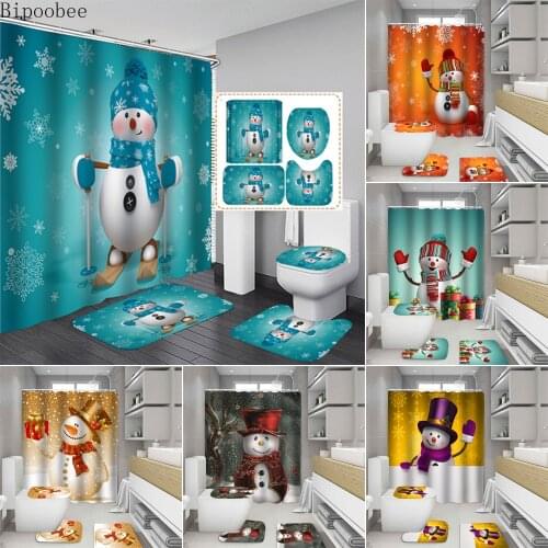 Merry Christmas Bathroom Shower Curtain Set Waterproof Bathtub Curtains Snowman Non-Slip Bath Mat Toilet Seat Cover Pedestal Rug