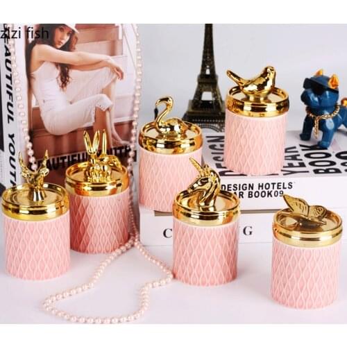 Pink Ceramic Jar Plating Golden Animal Cover Decorative Jewelry Box Candy Jar Cotton Swab Can Storage Tank Organize Box Gift