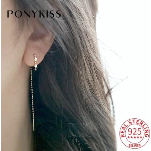 PONYKISS Trendy 100% 925 Sterling Silver RhombusTassel Drop 14K Gold Earrings For Women Elegant Jewelry Gift Drop Shipping