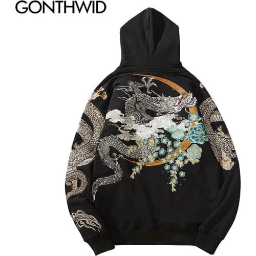 GONTHWID Harajuku Streetwear Hoodies Hip Hop Embroidery Chinese Dragon Pullover Hooded Sweatshirts Fashion Casual Pullover Tops