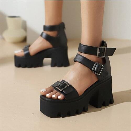 PXELENA Roman Buckle Street Women Gladiator Sandals Punk Gothic Rock Cosplay Shoes Thick Sole Chunky High Heels Platform 36-45