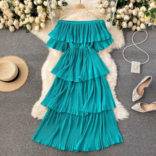 Womens Spring Summer Runway Fashion Sexy Slash Neck Cake Dress Female Travel Chic Beach Dress TB1747