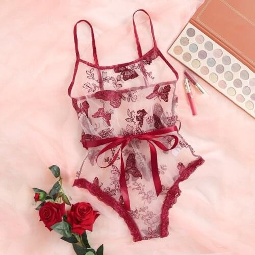 Women Fashion Butterfly Embroidery Sexy Lingerie Underwear See-through Bow Tie One-piece Suit Sleepwear Bodysuit Jumpsuit Teddy