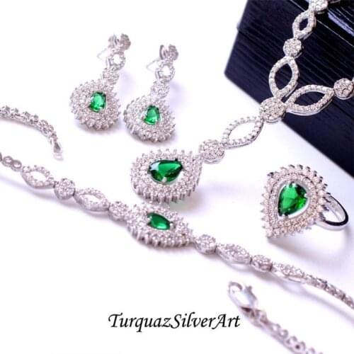 Woman Engagement Green Zirconia 925 Silver Jewelry Set,Drop Zircon ring,Zircon Bracelet, Zircon Necklace, Green Zirconia