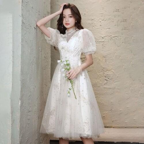 Evening Dress White Sequins Appliques High Neck Zipper Back A-Line Short Sleeves Pleat Tea-Length Woman Formal Party Gowns A1433