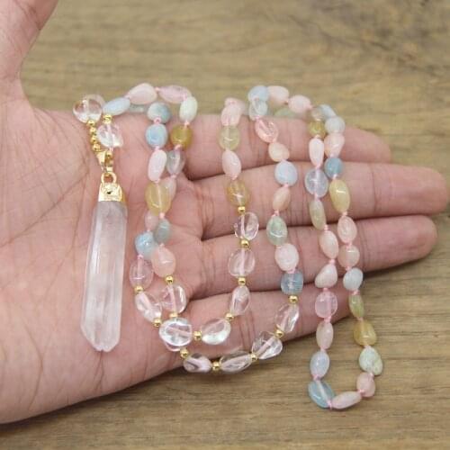 Natural Morganite Beads Knotted Handmade Necklace Raw Crystal Point Tusk Pendants Mala Yoga Women Boho Jewelry Dropship,QC0135