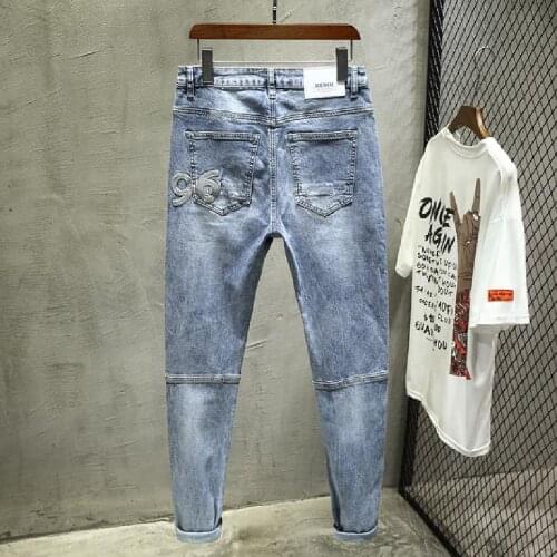 Mens jeans new fashion personality stretch small leg pants badge popular splicing Korean version thin embroidered simple jeans