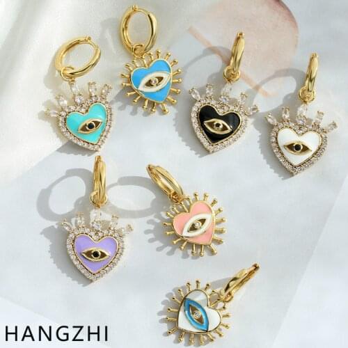 HANGZHI 2021 New Vintage Color Drip Oil Enamel Eyes Crystal Love Heart Golden Drop Earrings for Women Girls Party Dangle Jewelry