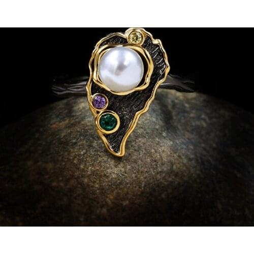 Exquisite Ladies 925 Sterling Silver Natural Freshwater Pearl Ring Black Gold Vintage Ring Italian Pearl Jewelry Ring Women Ring
