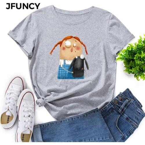 JFUNCY Womens Tee Shirt Plus Size Short Sleeve Cotton T-shirt New Cartoon Print Woman Tshirt Summer Women Tops Female Clothes