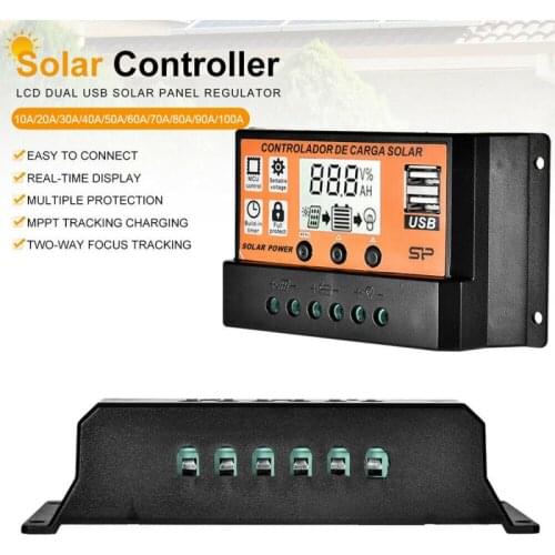 Solsolar Charge Controller 12V 24V MPPT/PWM Auto Controllers 60A/50A/40A/30A/20A/10A LCD Dual USB Output Solar Panel Regulator