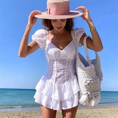 2021 Summer White Cotton Mini Summer Dress V-neck Ruffled Dress Women New Boho Beach Dress Sexy Holiday Playsuit