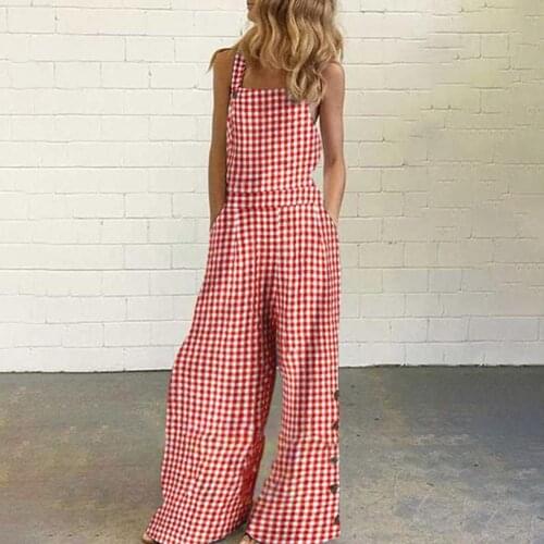 Summer Women Jumpsuit Wide Leg Checkered Plaid Sleeveless backless buttons Pockets Loose Suspenders Playsuit Summer 2021