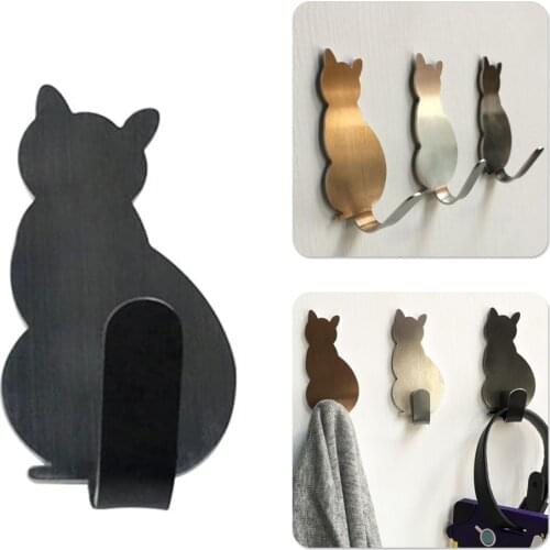 MYNAH 1pc Cute Cat Wall Hooks Stainless Steel Storage Holder for Bathroom Kitchen Self Adhesive Hanger Door Clothes Towel Racks
