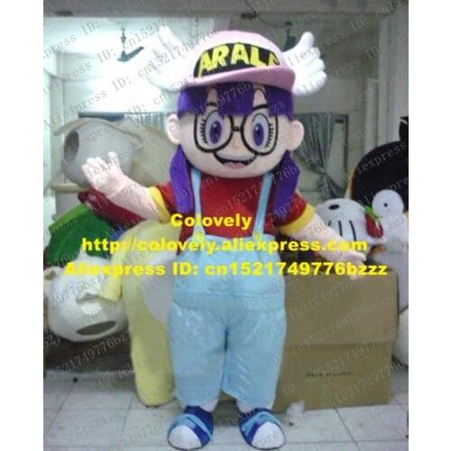 Sweet Colorful Arale Girl Mascot Costume Mascotte Lassock With Purple Eyes Red Shirt Long Blue Overalls Adult No.2758 Free Ship