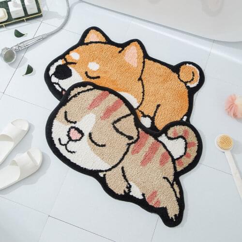 Cartoon Bath Mat Flocking Anti-Slip Doormat Absorb Water Floor Carpet Shiba Dog Kitchen Rug Bedroom Tapete