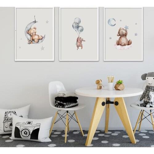 Wall Art Print Bear Bunny Cartoon Animal Canvas Painting Picture Nordic Poster Print Kid Bedroom Decor Child Poster Baby Nursery