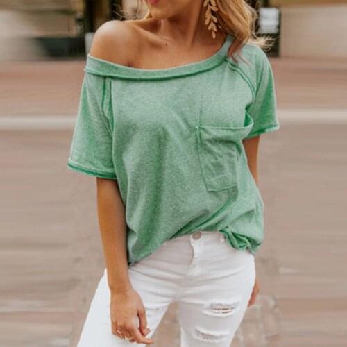 Summer New Women Casual Wear One Shoulder Loose Pocket Top Short Sleeve Fashion Loose Street Style Lady T-shirt