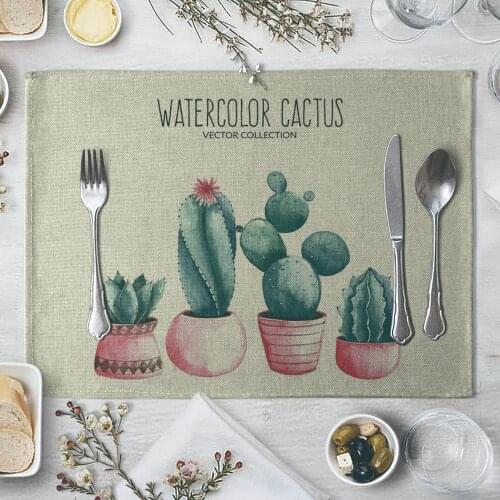 Fashion Print Rectangle Cotton Linen Western Style Table Pad Cut Mats Placemat for Dinner Kitchen Table 40x30cm Cactus