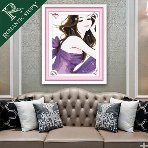 Romantic Story Needlework DIY 11CT DMC Cross Stitch Sets For Embroidery Elegant Girl With Purple Cross-Stitching Home Decoration