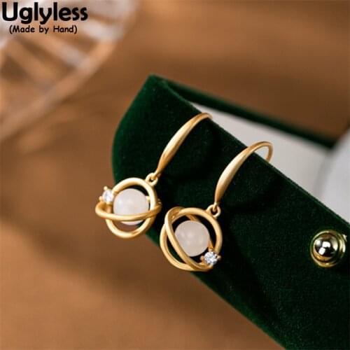 Uglyless Novel Universe Designer Jade Planet Earrings Women Creative Hollow Balls Dangle Earrings 925 Silver Gemstones Brincos