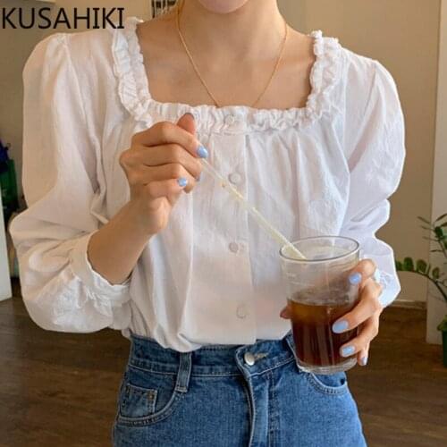 KUSAHIKI Chic Sweet Ruffle Square Collar Blouse Tops Korean Puff Sleeve Woman Shirts 2021 Autumn New Blusas Top Mujer 6L592