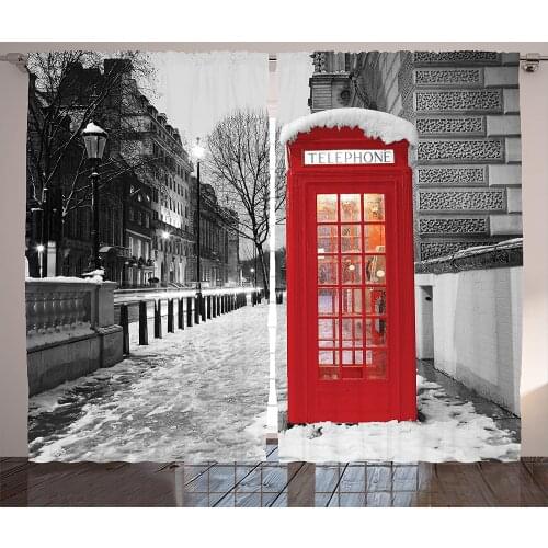 London Red Telephone Booth Winter Dawn Snowy City England Britain Symbol Urban Scene Bedroom Living Kids Youth Room Curtain