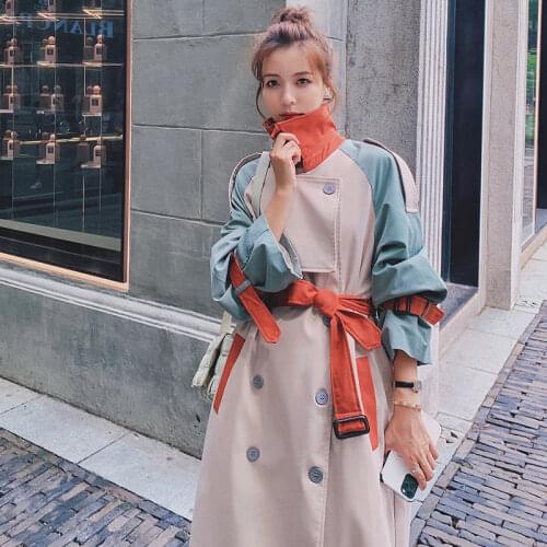 Windbreaker womens mid-length British style jacket 2021 womens spring and autumn new splicing contrast Korean loose coat jacke