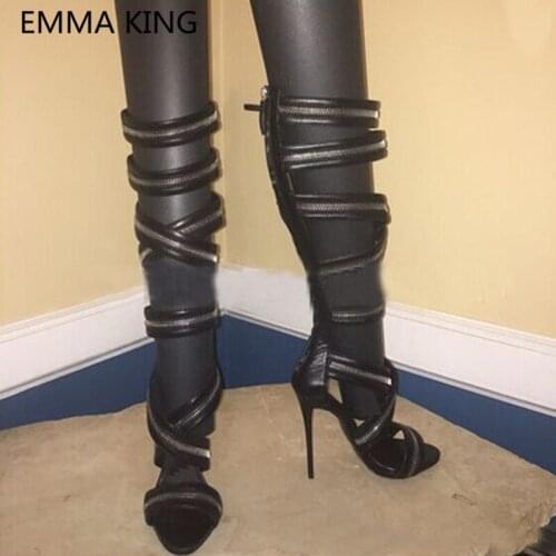 Women Summer Knee High Gladiator Sandals Boots Peep Toe Sexy High Heels Gold Chain Designer Roman Shoes Woman Black Punk Boots