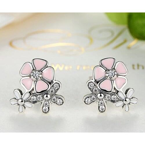 Bohemia New Style Pink Enamel Cherry Blossoms Flower Stud Earring for Women Silver Plated AAA Zircon Earring Wedding Jewelry