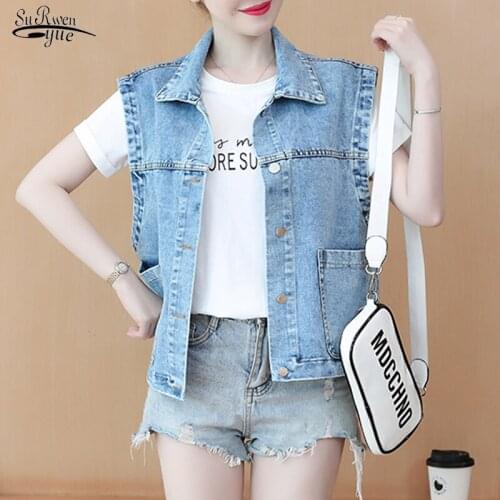 Autumn Denim Vest Women Casual Colete Coat Vintage Cardigan Jean Sleeveless Turn-down Collar Breasted Brand Woman Clothing 15459