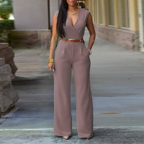 Women Solid V-Neck Jumpsuits Wide Leg Straight Rompers High Waist Sashes Elegant Casual Female Jumpsuit Summer New Fashion 2021